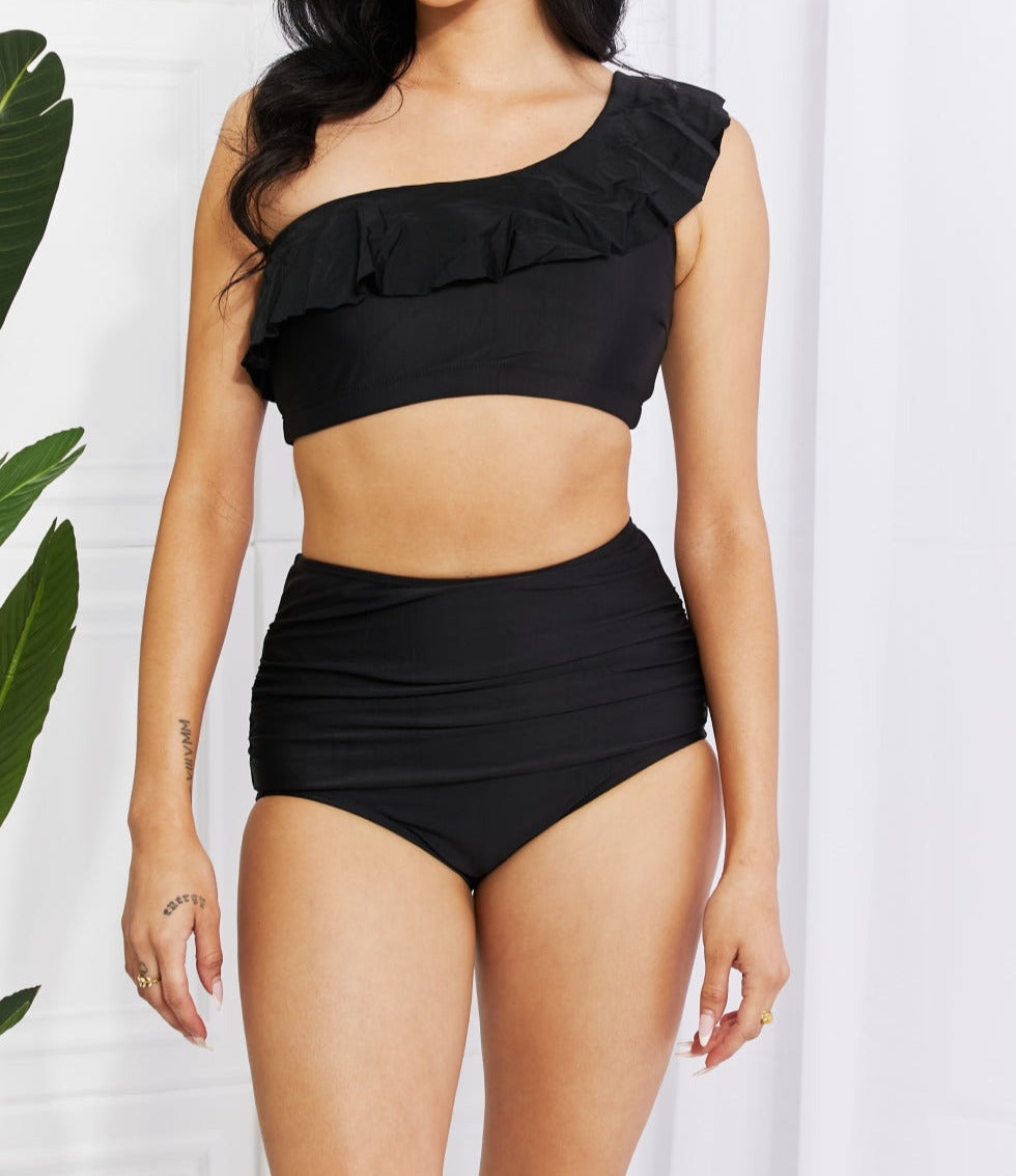 Marina West Swim Seaside Romance Ruffle One Shoulder Bikini in Black