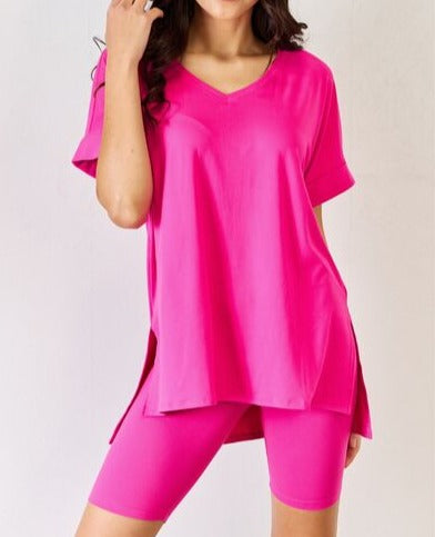 Zenana-Raw Edge Gauze V-Neck Dress Neon Hot Pink / Small