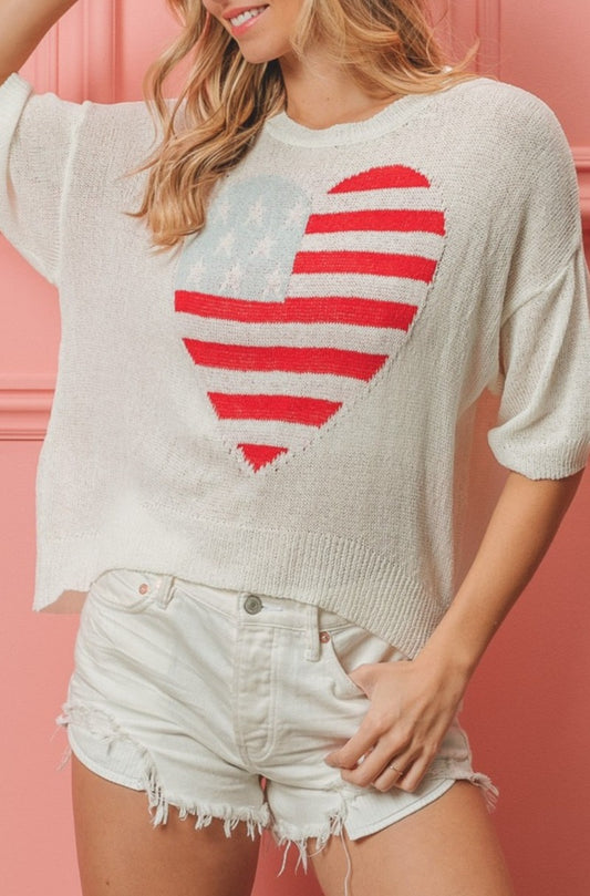 American Flag Heart Knit Top - Cheeky Chic Boutique