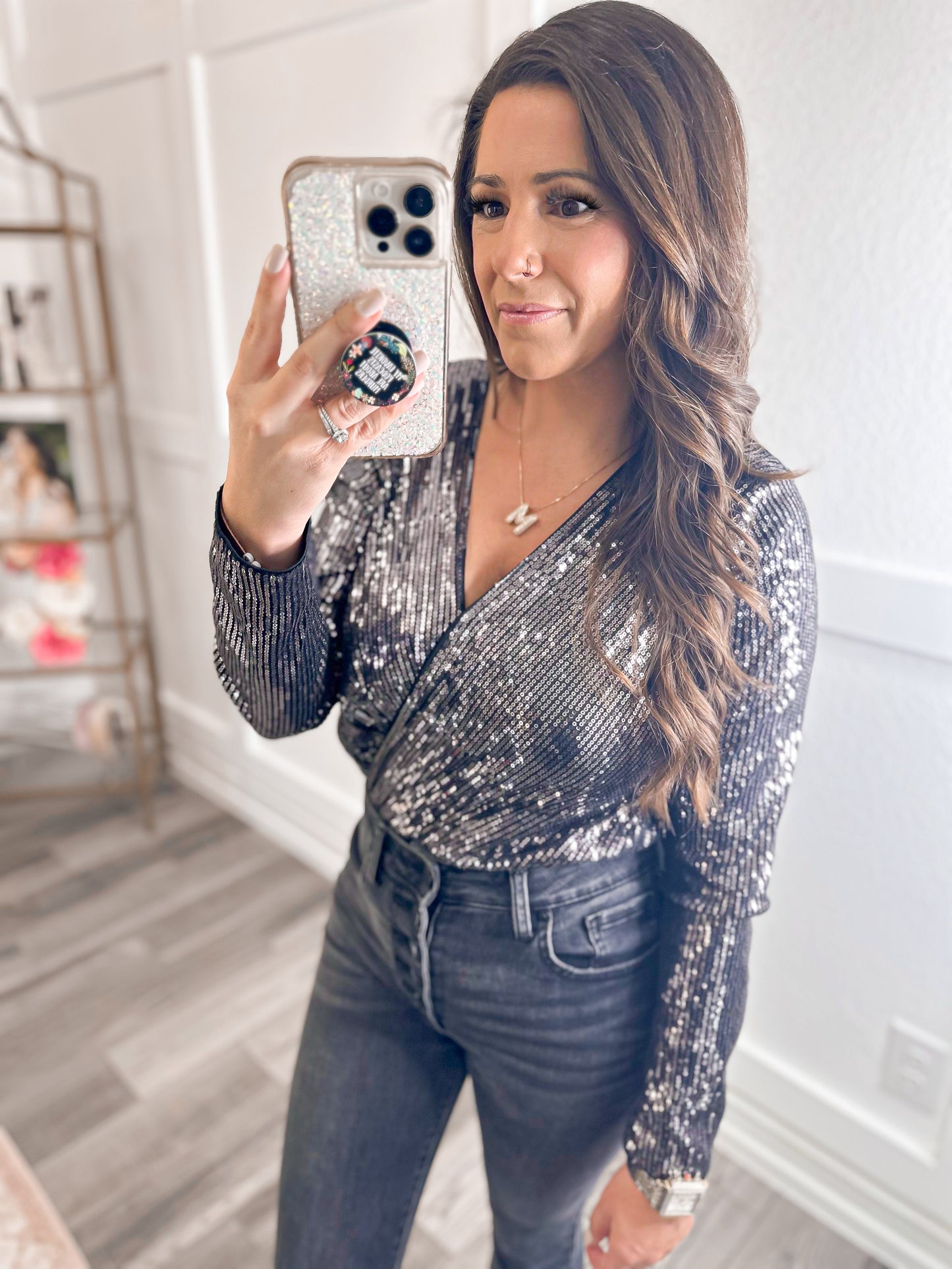 Sequin Surplice Long Sleeve Bodysuit