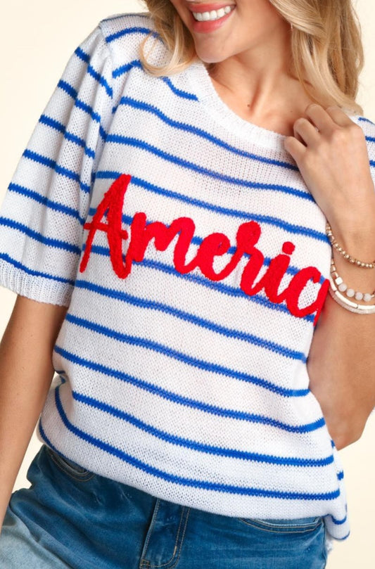 She Loves Jesus & America Too Embroidery Striped Knit Top - Cheeky Chic Boutique