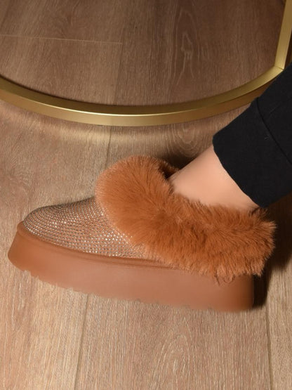 Shimmer Luxe Faux Fur Platform Booties in Chestnut