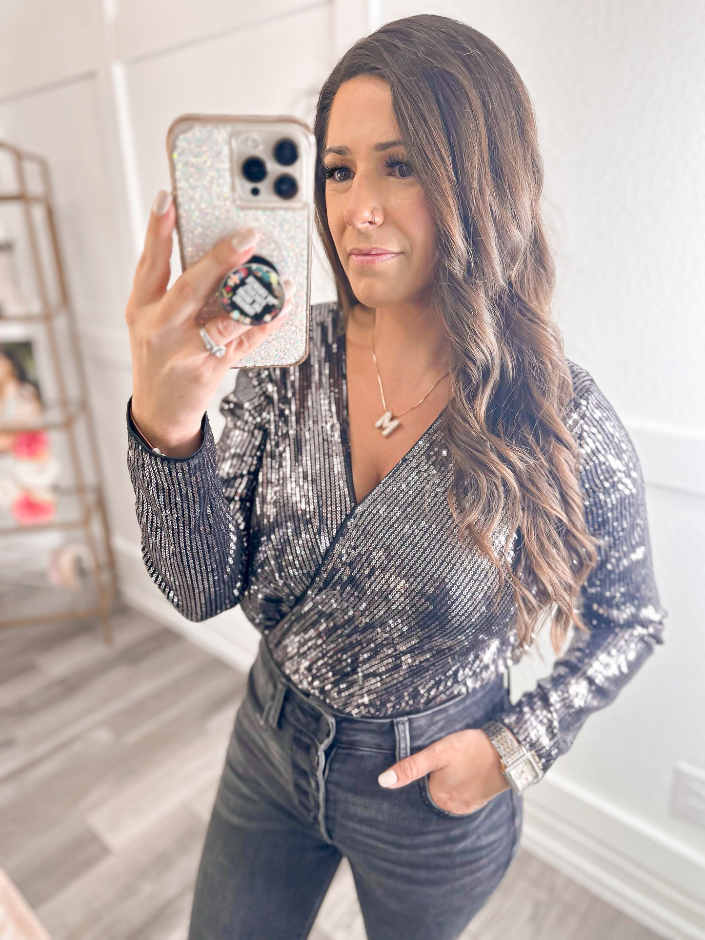 Sequin Surplice Long Sleeve Bodysuit