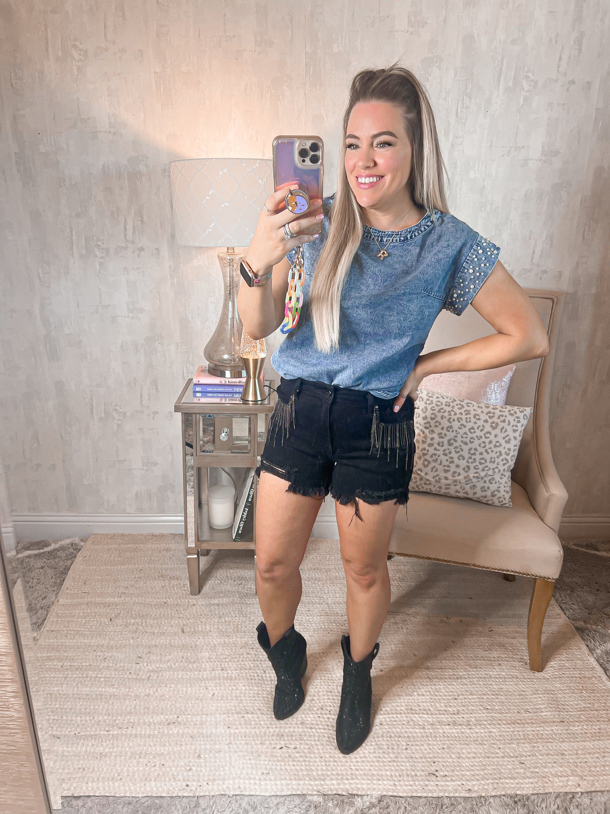 Country Nights Pearl Denim Top - Cheeky Chic Boutique