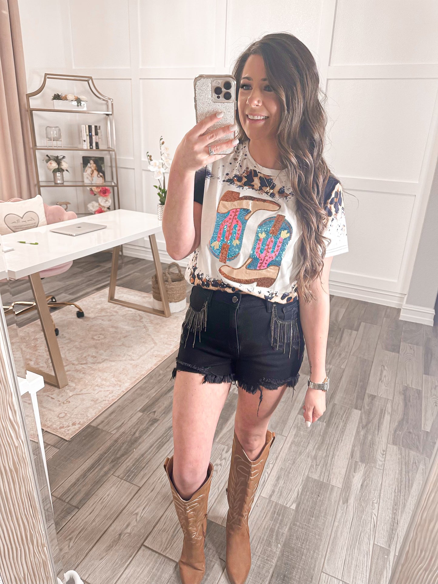 Sequin Leopard Western Boots Graphic Tee - Cheeky Chic Boutique