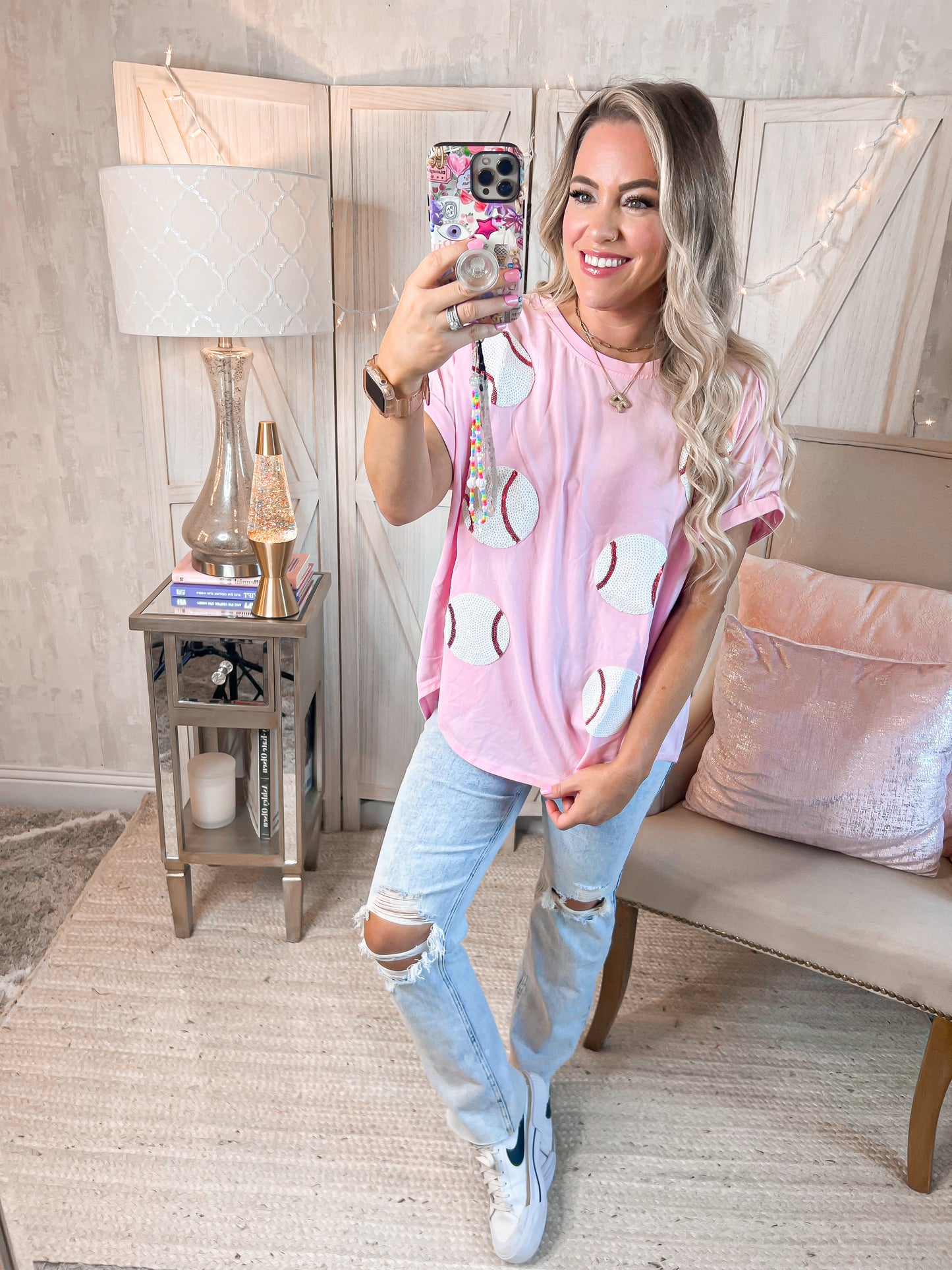 Pink Ballpark Oversized Sequin Baseball Tee