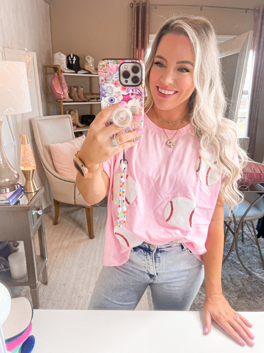 Pink Ballpark Oversized Sequin Baseball Tee