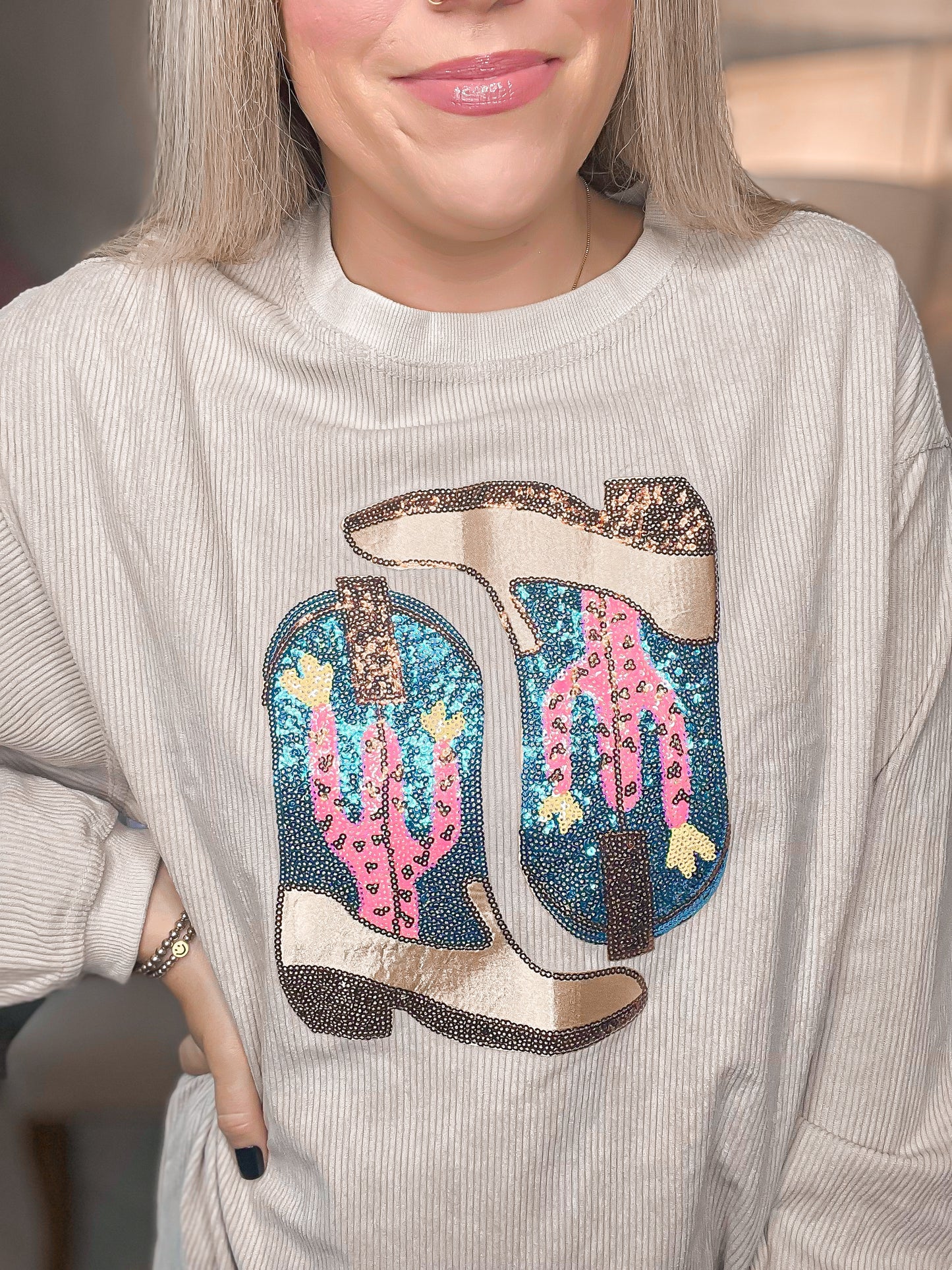 Western Booties Sequin Corded Crew Sweatshirt