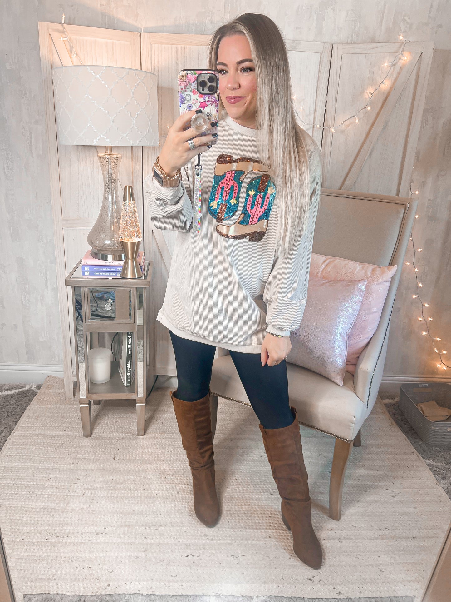 Western Booties Sequin Corded Crew Sweatshirt