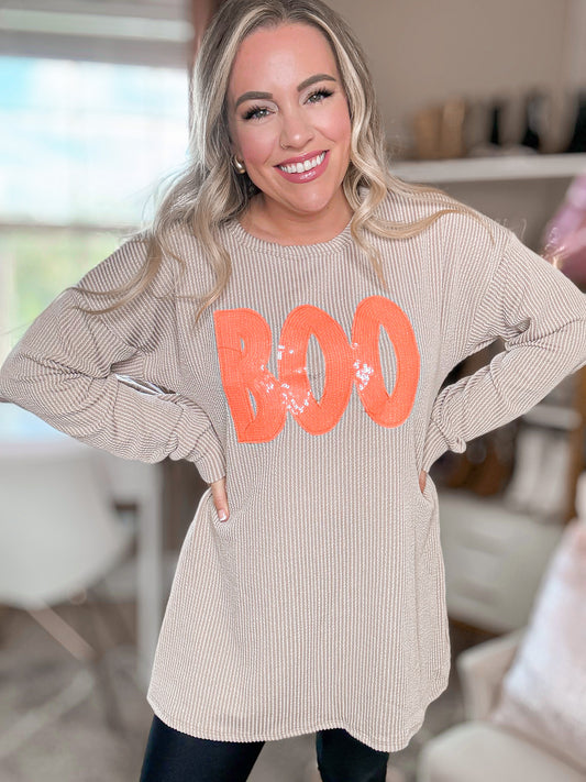 BOO Sequin Corded Crew Sweatshirt