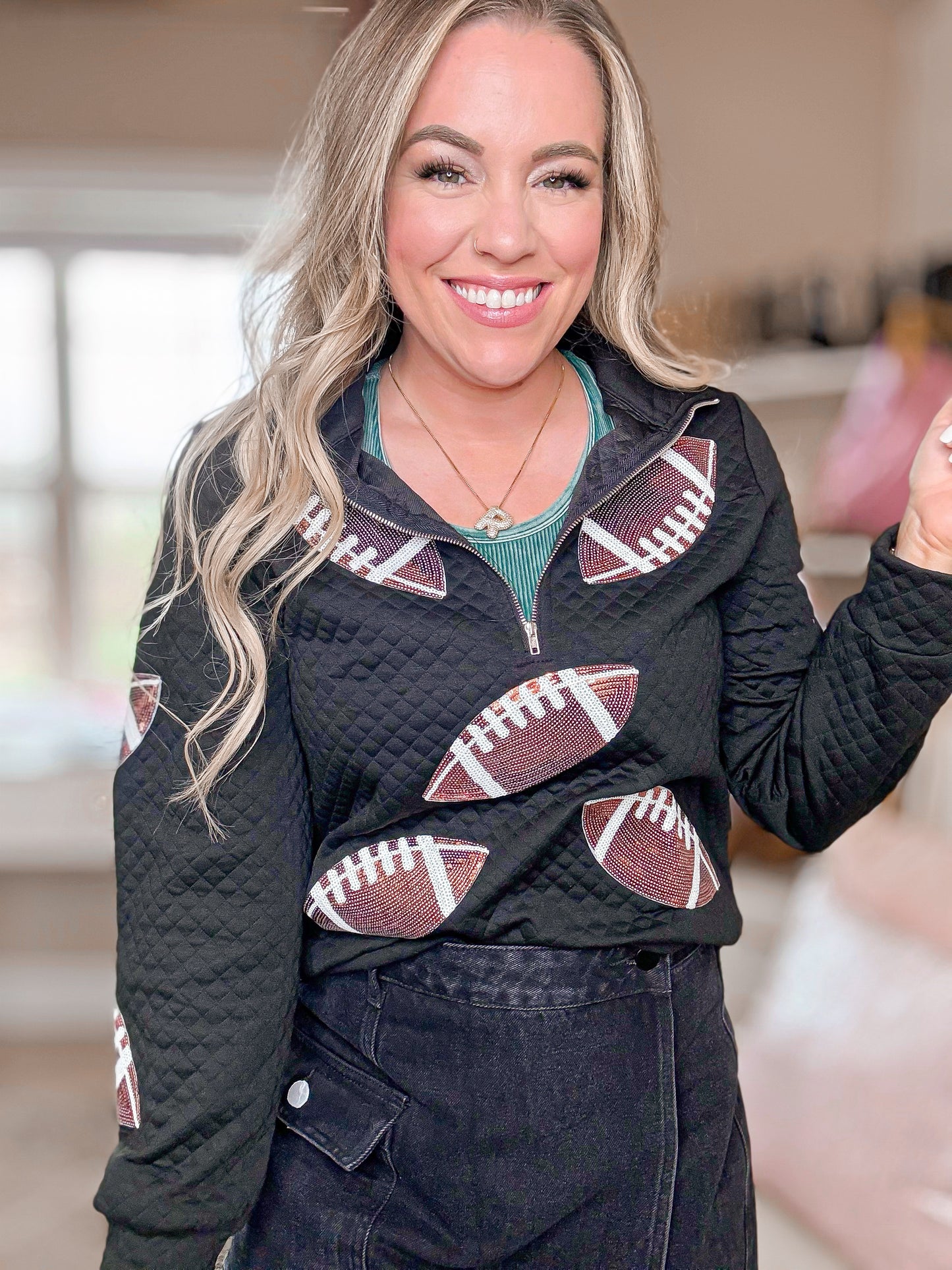 First Down Sequin Football Zip Up Sweatshirt