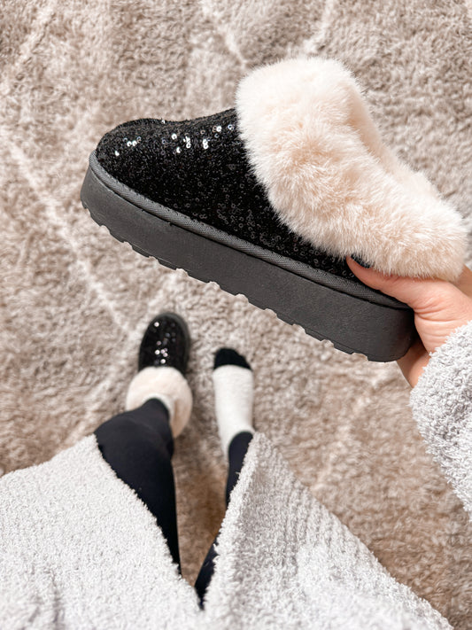 Cozy Nights Sequin Plush Platform Slippers