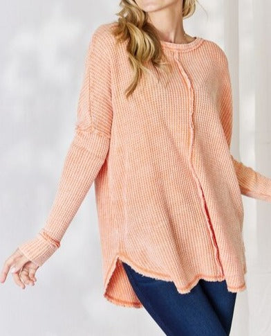 Zenana Oversized Washed Waffle Long Sleeve Top - Cheeky Chic Boutique