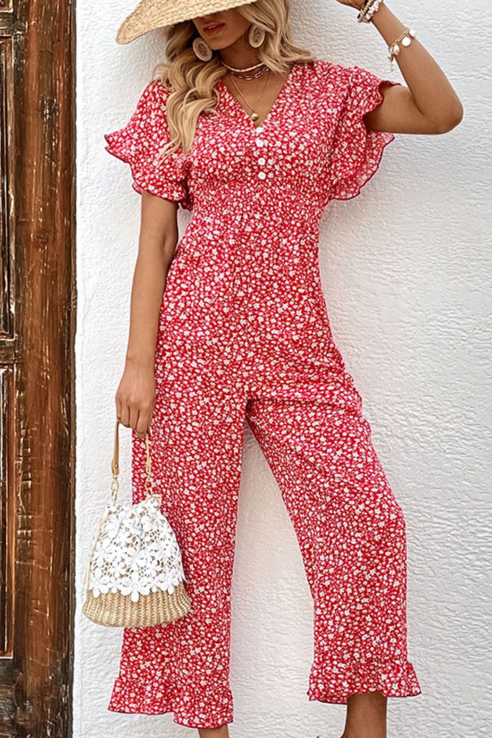 Printed Tie Back Ruffled Jumpsuit - Cheeky Chic Boutique