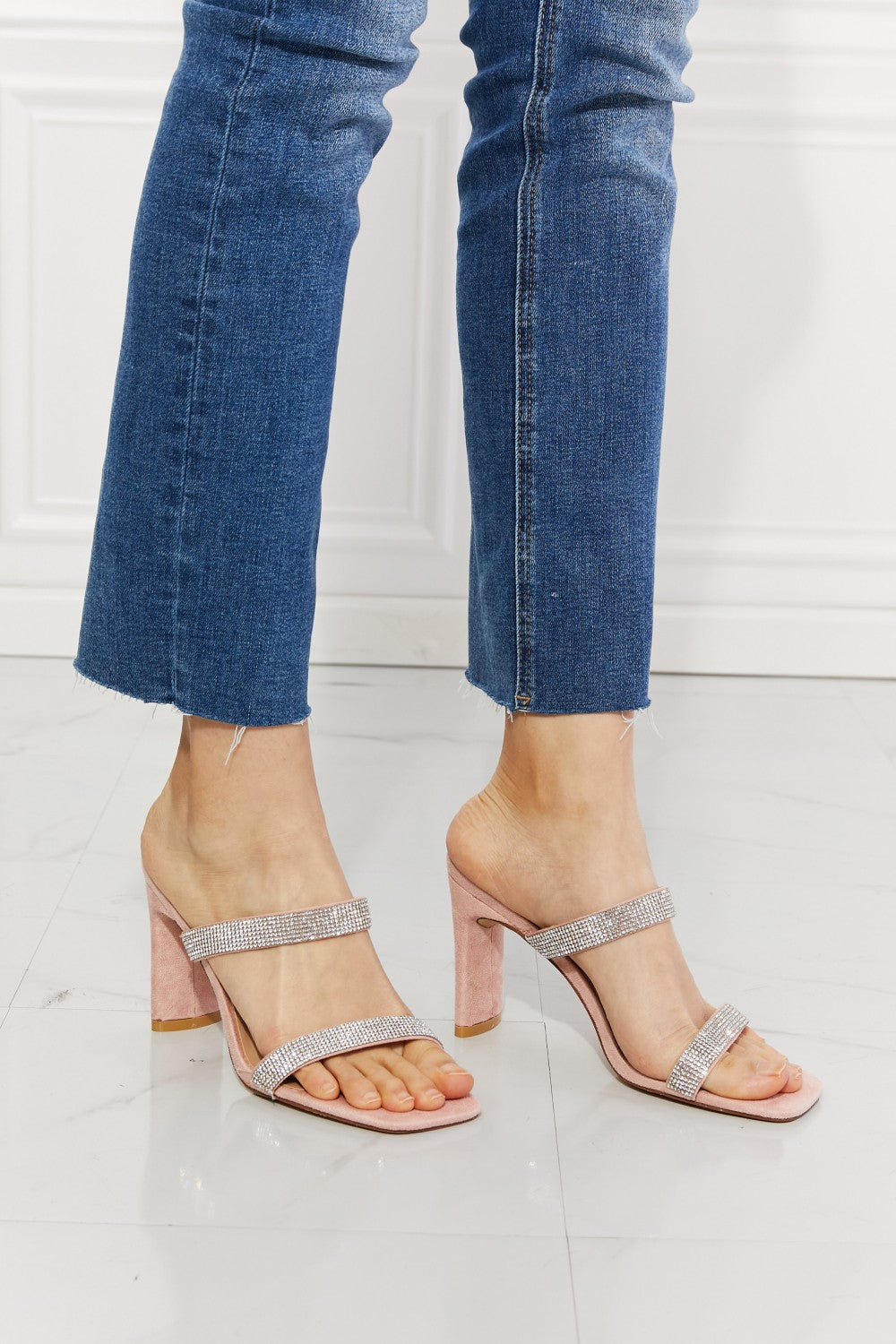 MMShoes Leave A Little Sparkle Rhinestone Block Heel Sandal in Pink - Cheeky Chic Boutique