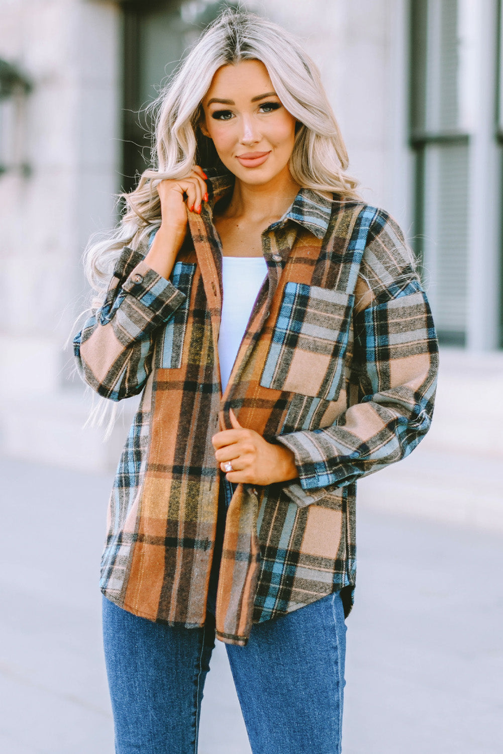 Plaid Curved Hem Shirt Jacket with Breast Pockets - Cheeky Chic Boutique