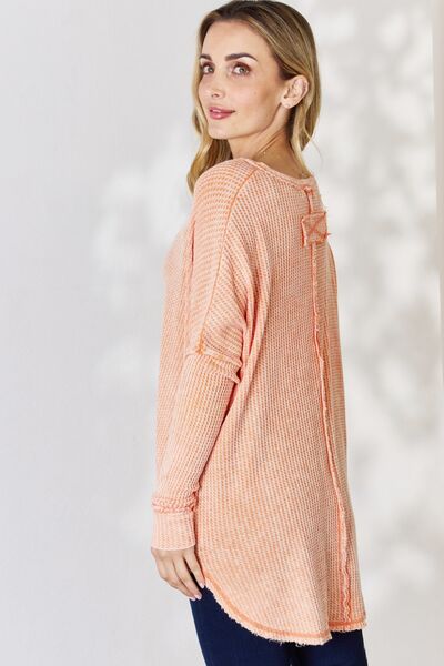 Zenana Oversized Washed Waffle Long Sleeve Top - Cheeky Chic Boutique