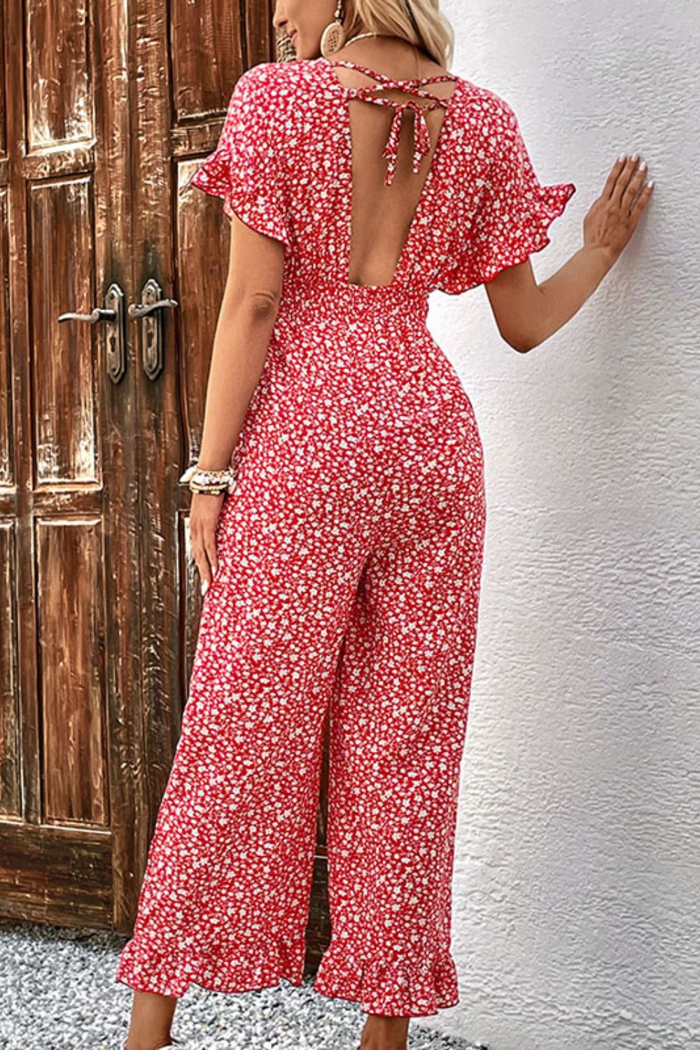 Printed Tie Back Ruffled Jumpsuit - Cheeky Chic Boutique