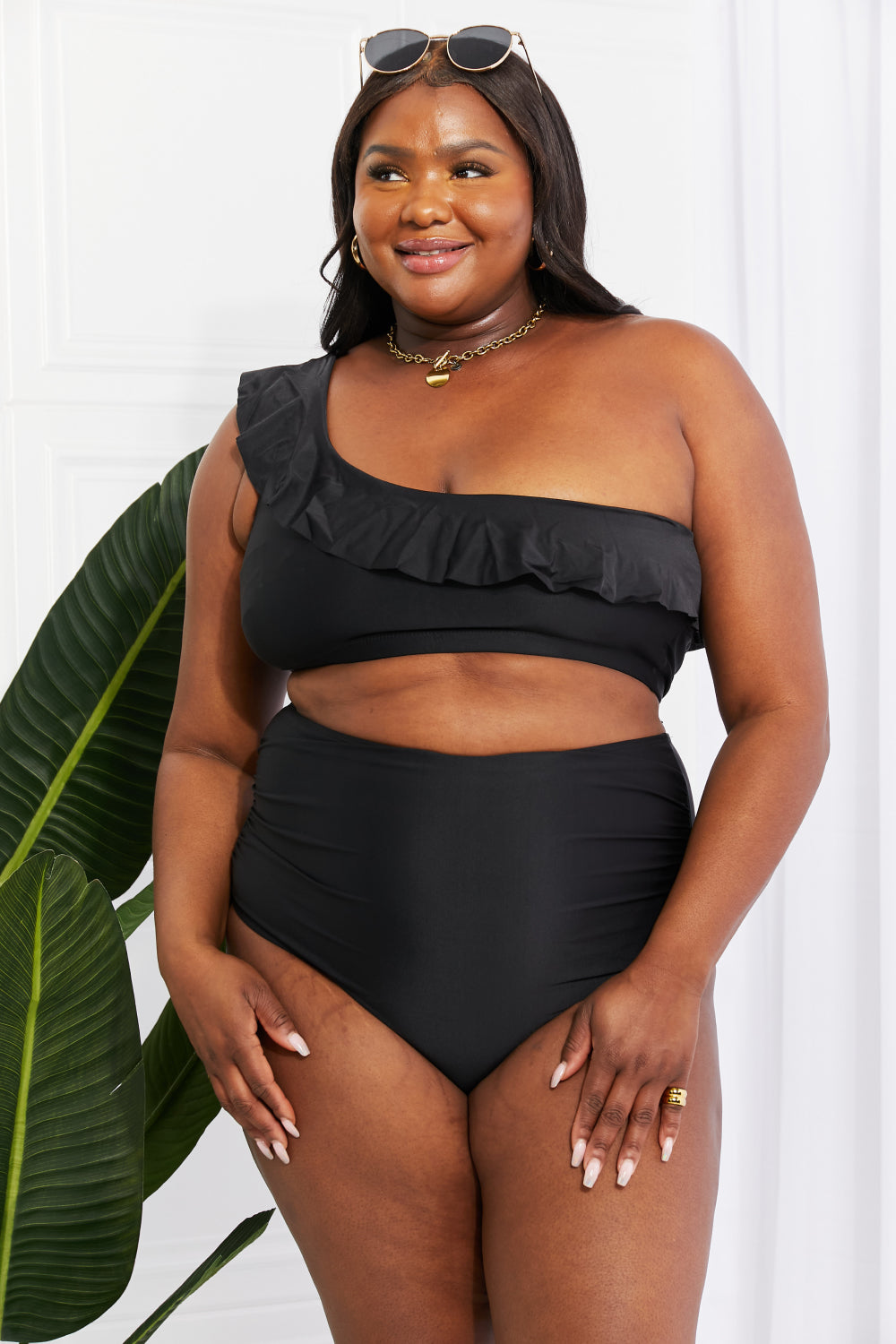 Marina West Swim Seaside Romance Ruffle One-Shoulder Bikini in Black - Cheeky Chic Boutique