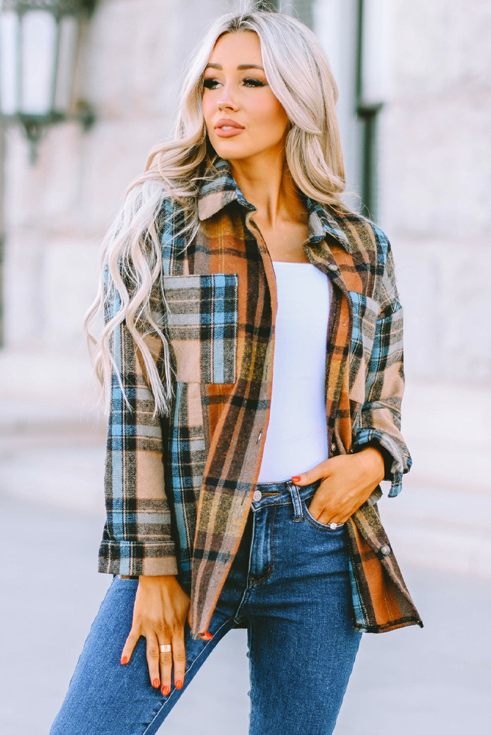 Plaid Curved Hem Shirt Jacket with Breast Pockets - Cheeky Chic Boutique